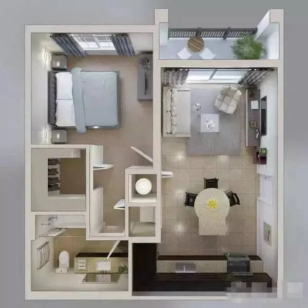 单身公寓一室一厅全景3D装修效果图!
