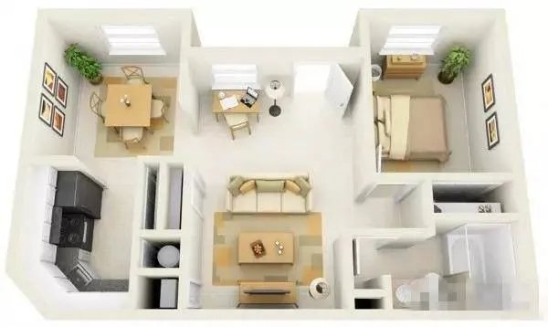 单身公寓一室一厅全景3D装修效果图!