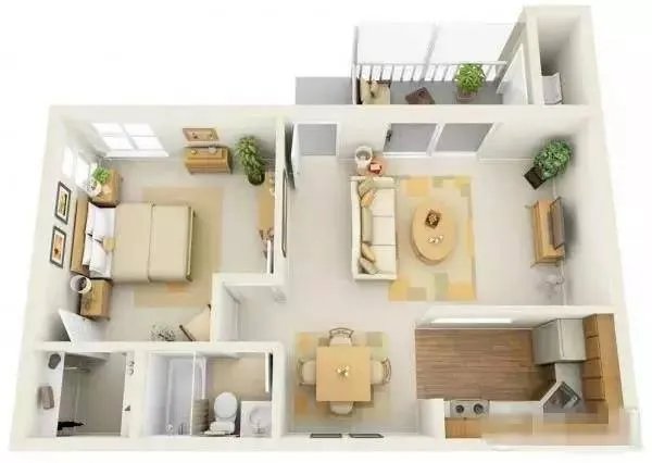 单身公寓一室一厅全景3D装修效果图!