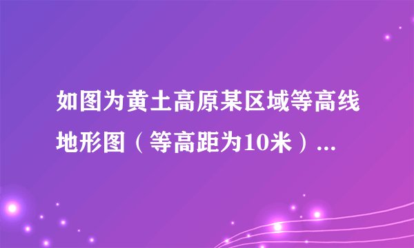 如图为黄土高原某区域等高线地形图（等高距为10米），图中阴影部分为河流。据此完成5～7题。窑洞是黄土高原地区的传统民居，图中四点最适合建窑洞的是（　　）A.甲地B.乙地C.丙地D.丁地