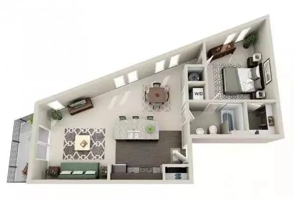 单身公寓一室一厅全景3D装修效果图!