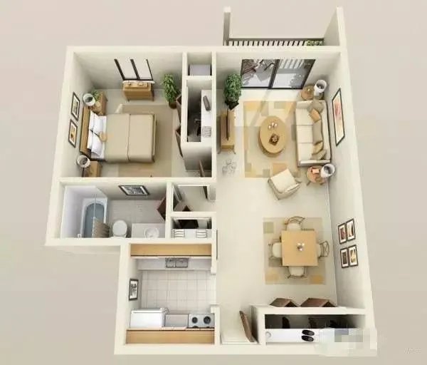 单身公寓一室一厅全景3D装修效果图!