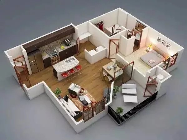 单身公寓一室一厅全景3D装修效果图!