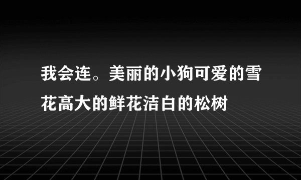 我会连。美丽的小狗可爱的雪花高大的鲜花洁白的松树